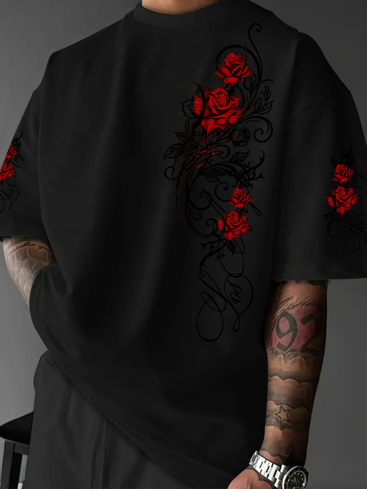 Men's Fashion Printed T-Shirt, Gothic Red Rose Vine Pattern, Loose Fit Crew Neck Casual Streetwear Top